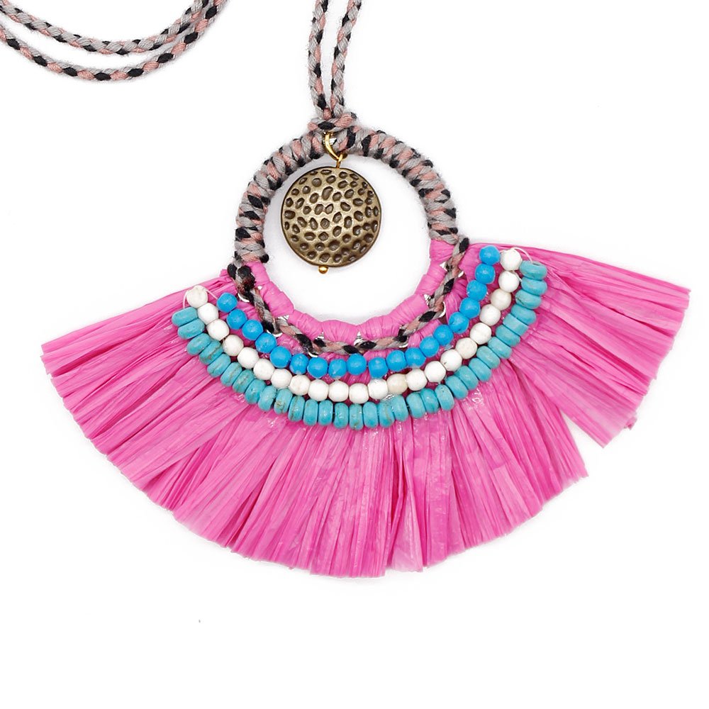 TTT Jewelry Raffia Grass Handmade Necklace with Metal Parts and Beads Raffia Necklace image19