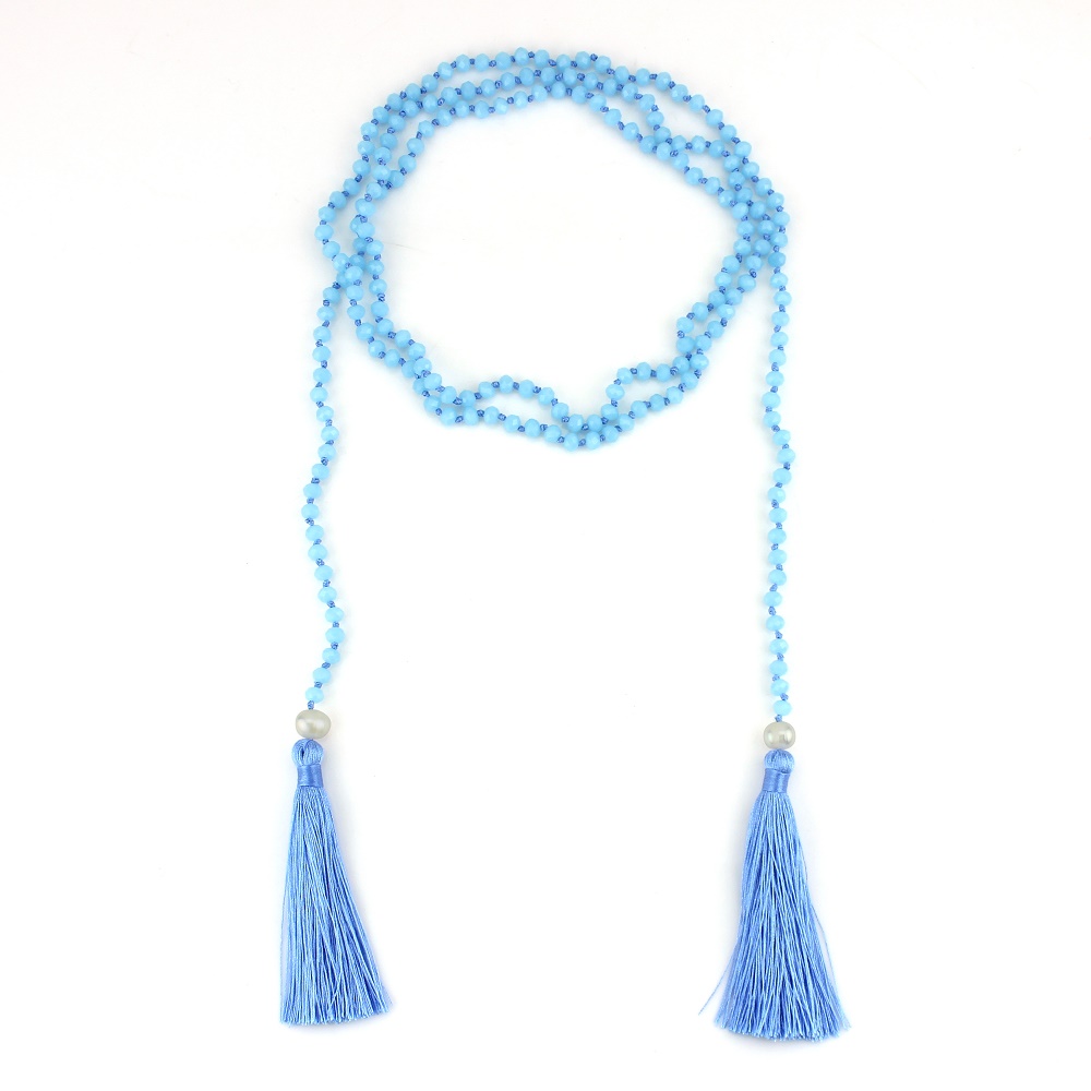 Blue Long Layer Wrap Handmade Necklace with Tassel