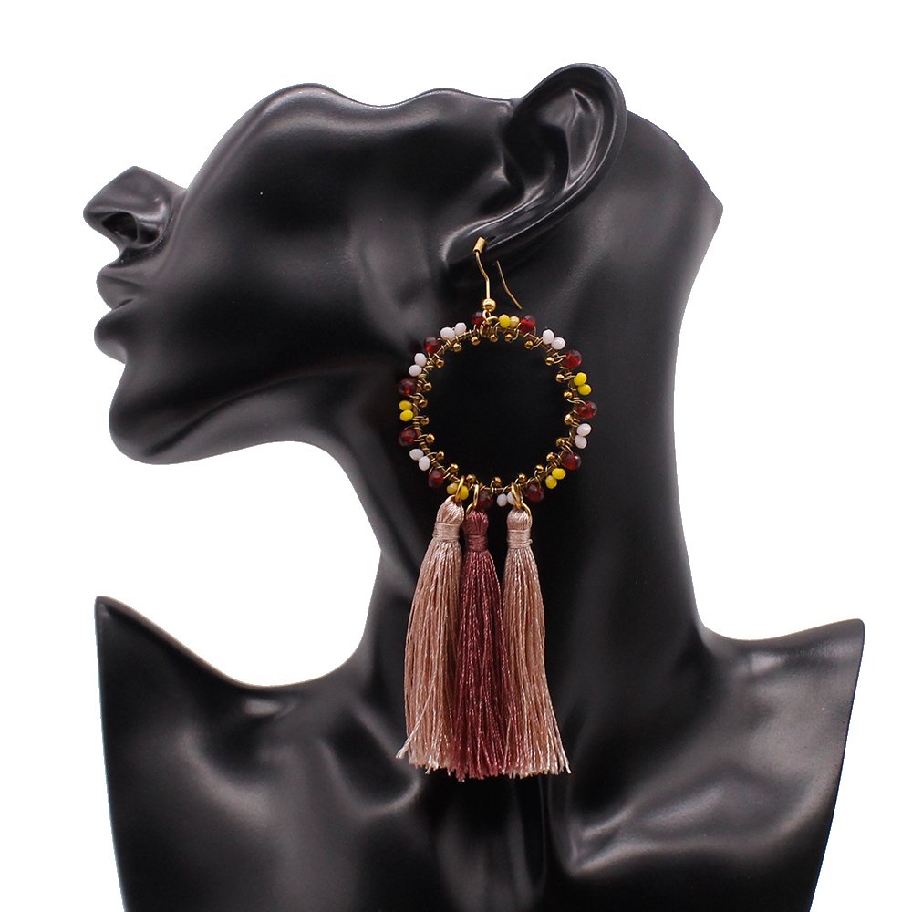 Colorful Crystal Beaded Hoop Designs Long Tassel Silk Thread Earrings for Parties Daily Wear