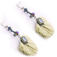Handmade Raffia Fan-shaped Earrings With Crystal Beads and Abalone Shell