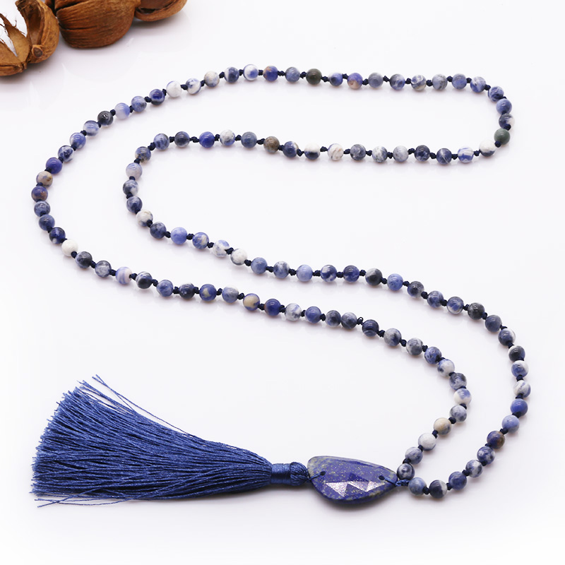 Handmade Natural Blue-vein Stone Beads Neckalce With Lapis lazuli Pendant