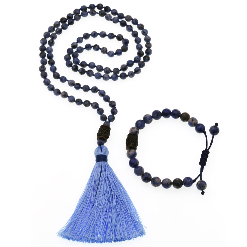Handmade Blue-vein Stone Beads Wholesale Mala Necklace Bracelet Set
