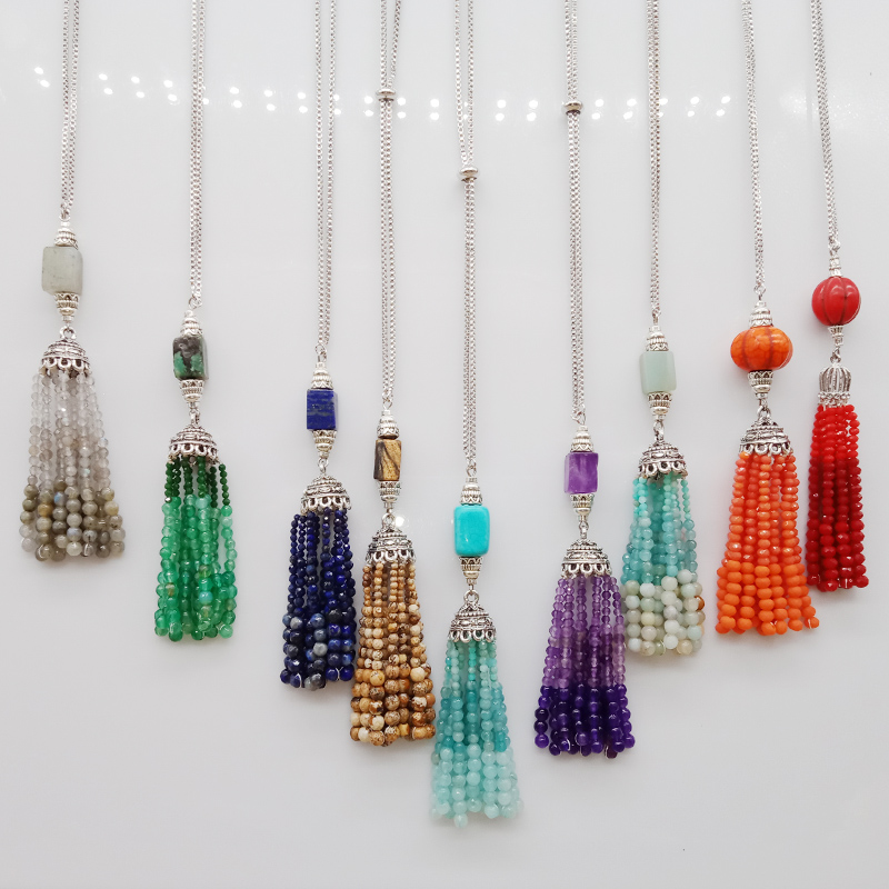 Wholesale Fashion Colorful Handmade Stone Bead Tassel Pendant Necklace