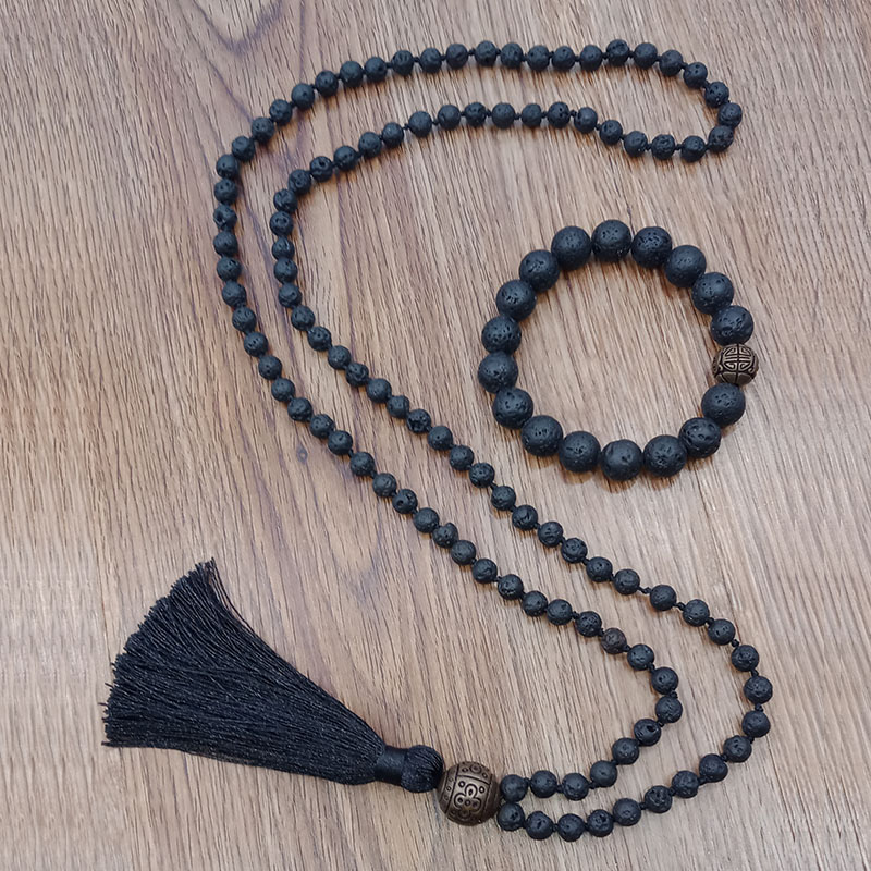 Wholesale Handmade Lava Stone Beads Mala Necklace Bracelet Set