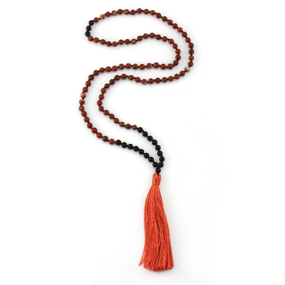 Natural Sesame Red Stone and Black Agate Mala Necklace