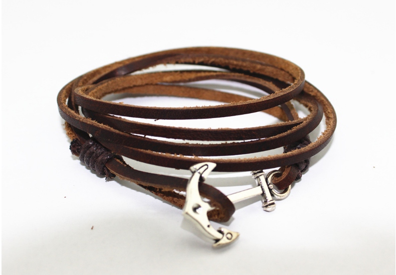 Leather Wrap Fish Hook Or Anchor Charms Bracelet