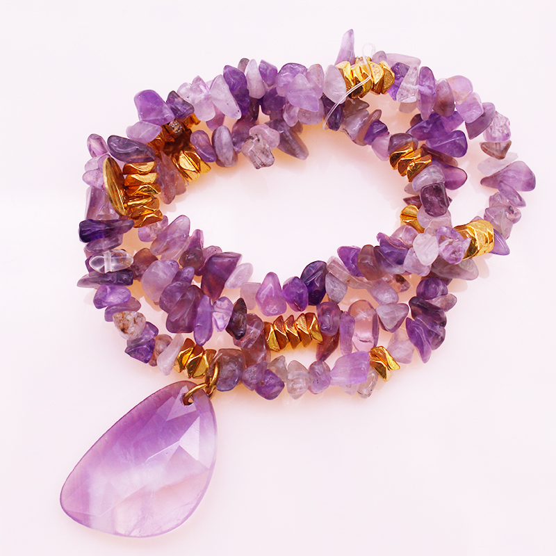 Amethyst Chip And Pendant Mutilayer Stretch Bracelet