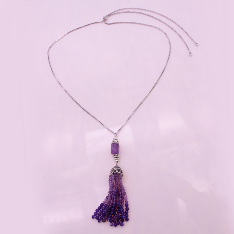 Amethyst Pendant Tassel Necklace February Birthstone Jewelry