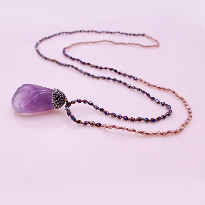 Amethyst Pendant Crystal Beads Necklace February Birthstone Jewelry