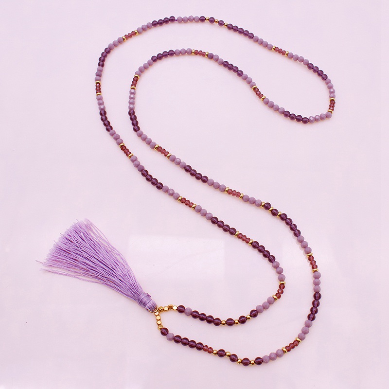 Long Amethyst And Crystal Beads Tassel Necklace February Birthstone Jewelry