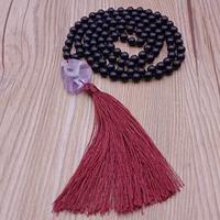 Black Agate Beads Malas Yoga Necklace With Amethyst Pendant