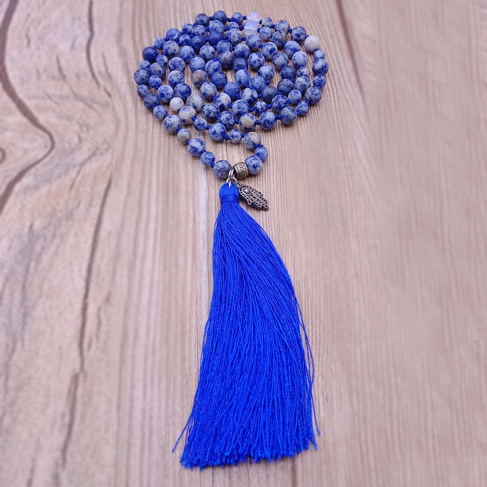 Blue-vein Stone Beads Malas Yoga Necklace With Hamsa Hand
