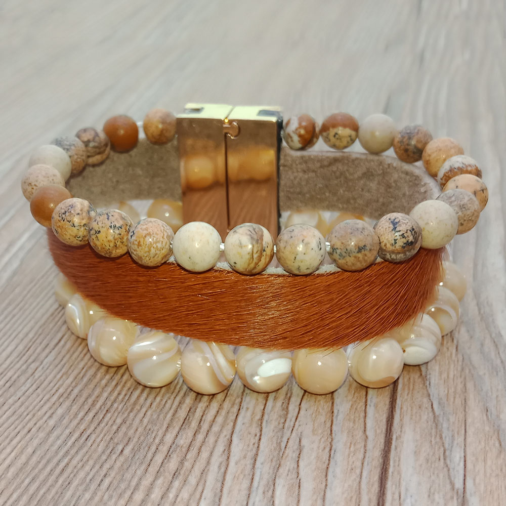 Picture Jasper And Yellow Shell Beads Leather Boho Bracelet