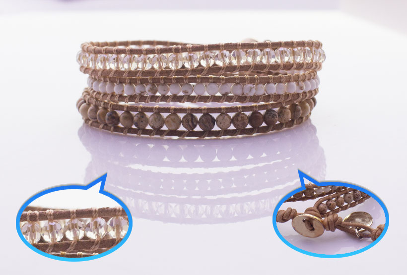 Picture Jasper Howlite Crystal Beads 3 Wrap Bracelet
