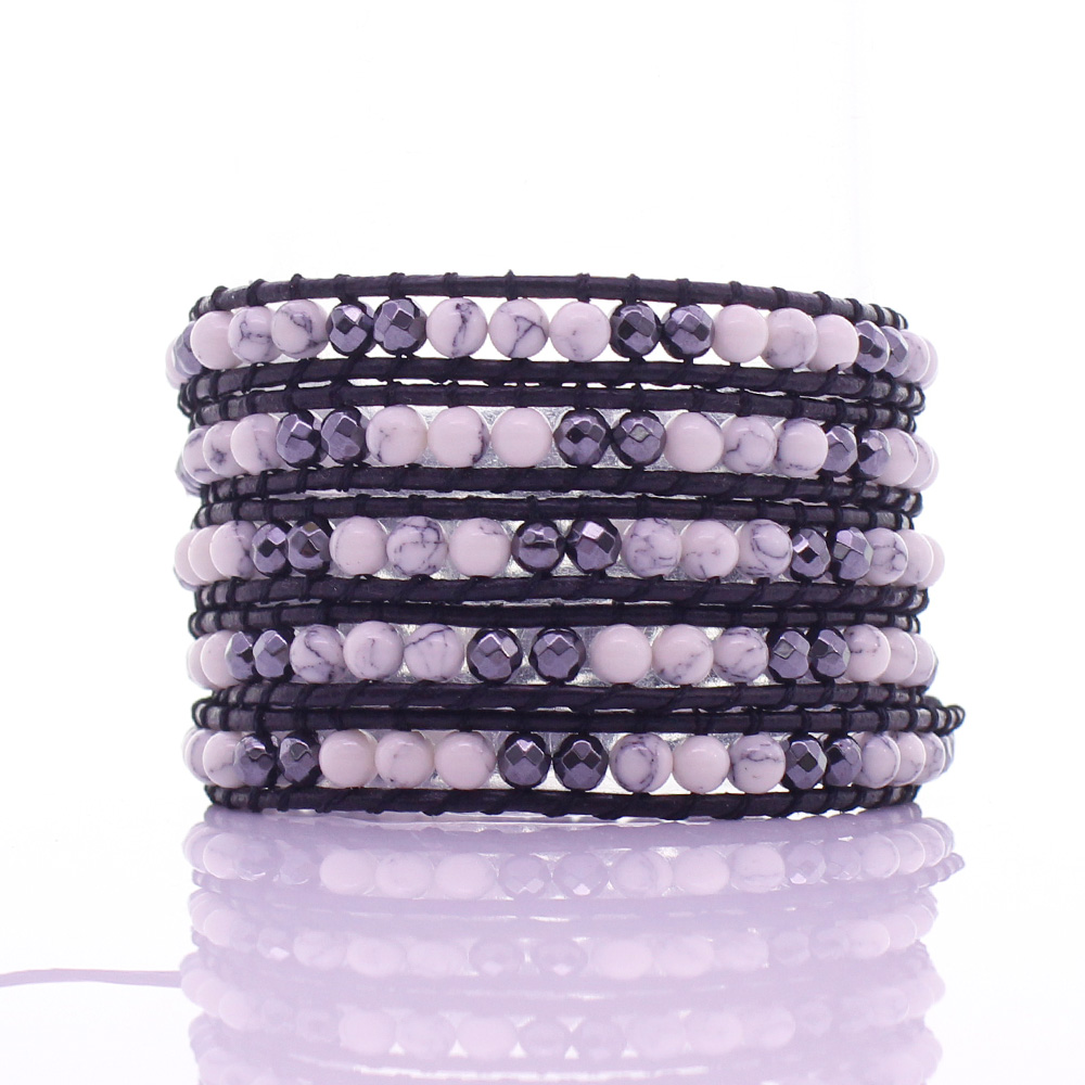 Howlite & Crystal Beads 5 Leather Wrap Bracelet