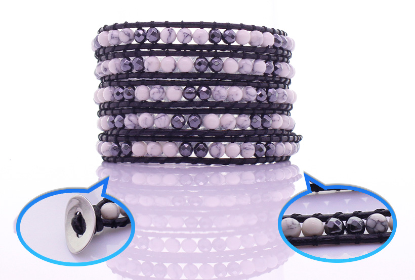 Howlite & Crystal Beads 5 Leather Wrap Bracelet