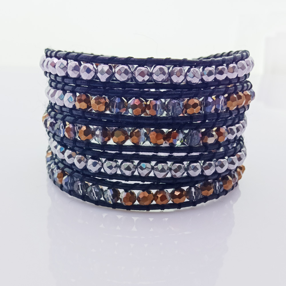 Handmade Crystal & Copper Beads 5 Leather Bracelet