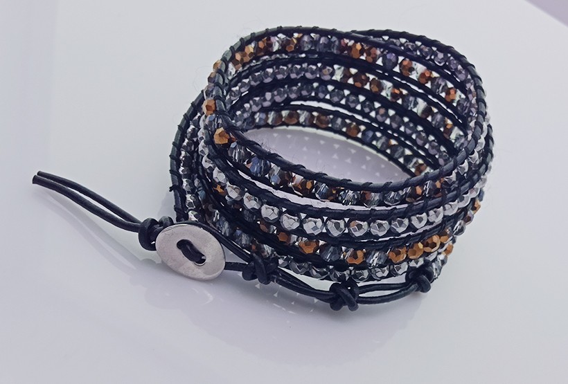 Handmade Crystal & Copper Beads 5 Leather Bracelet