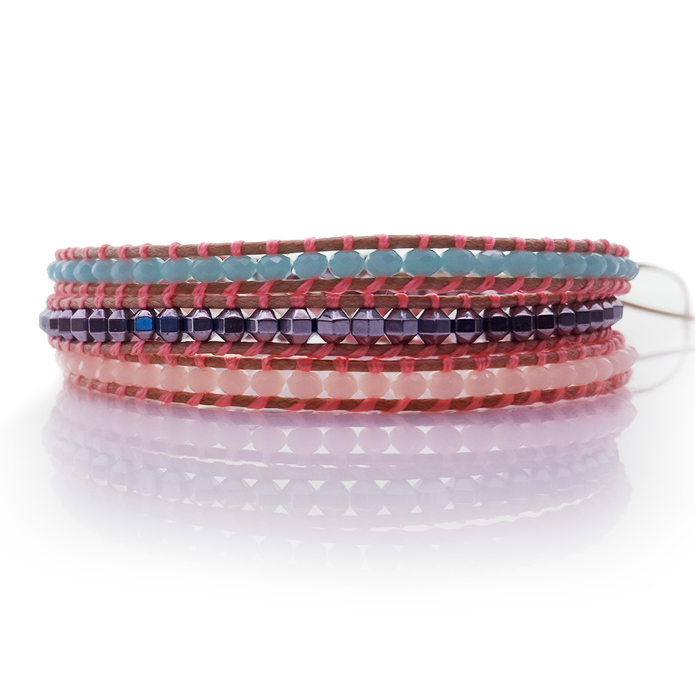 Fine Crystal & Copper Beads 3 Wrap Leather Bracelet
