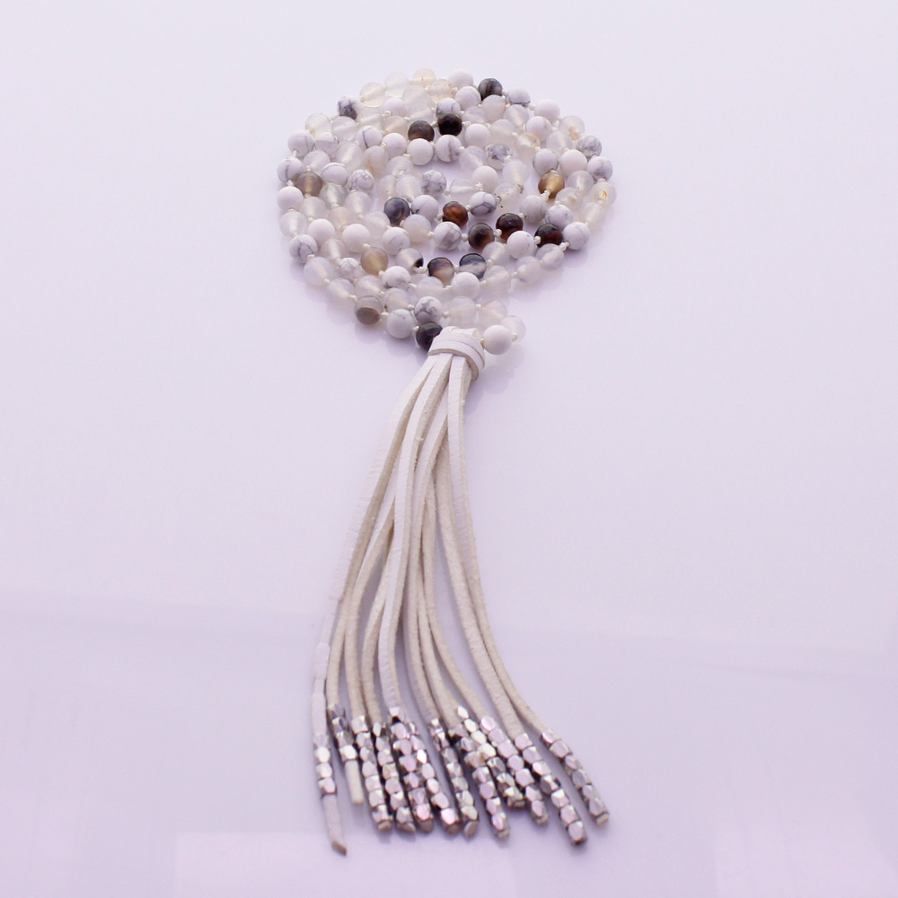 Howlite & Agate 6mm Beads Velvet Tassel Malas Yoga Necklace