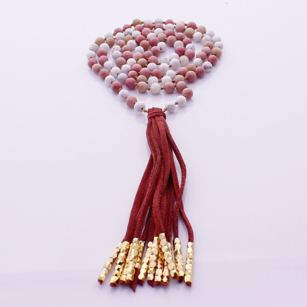 Rhodochrosite & Howlite Beads Velvet Malas Yoga Necklace