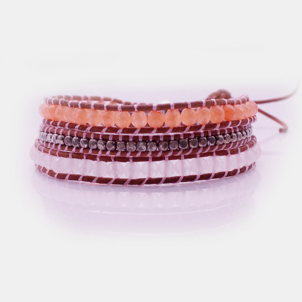 Handmade Crystal & Copper Beads Leather 3 Wrap Bracelet