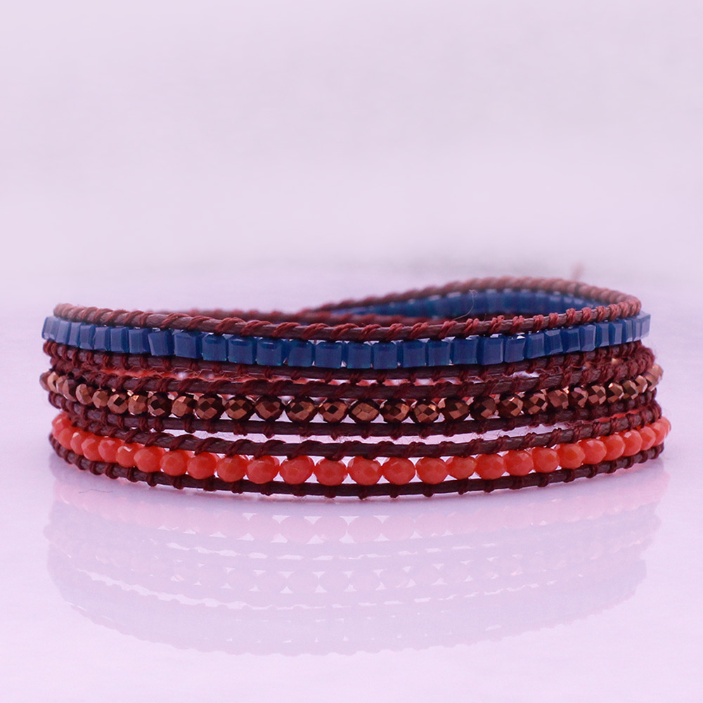 Handmade Square Plastic & Crystal Beads Leather 3 Wrap Bracelet