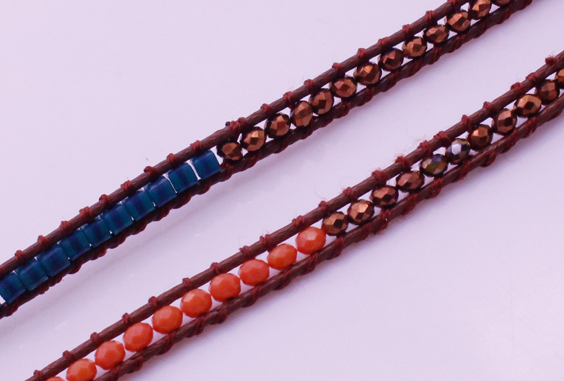 Handmade Square Plastic & Crystal Beads Leather 3 Wrap Bracelet