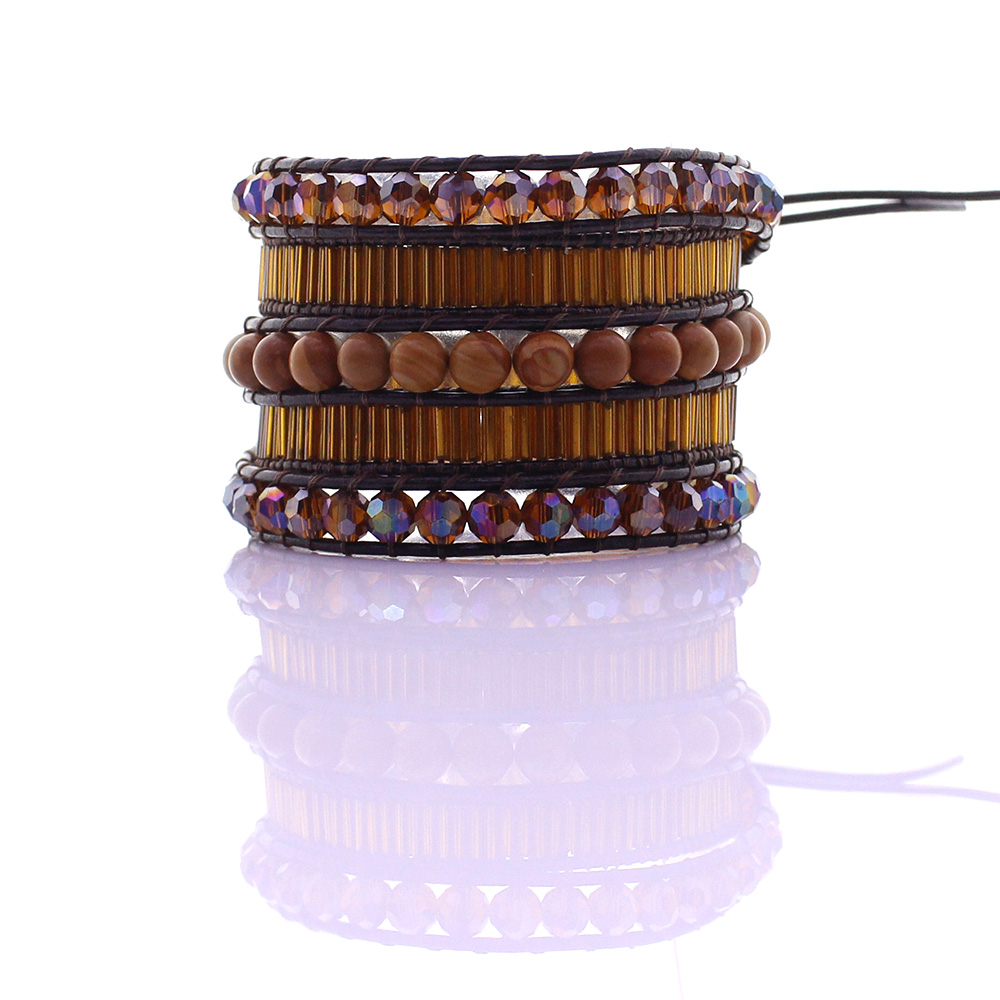 Serpenggiante & Crystal & Glass Tube Beads 5 Leather Wrap Bracelet