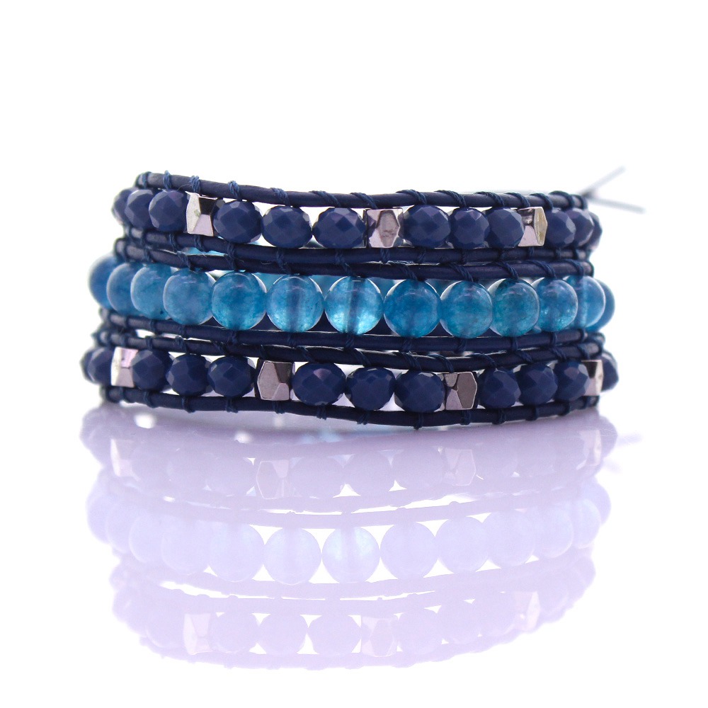 Crystal & Additive Jade Beads Leather 3 Wrap Bracelet