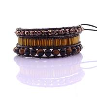 Tiger Eye & Crystal & Glass Tube Beads Leather 3 Wrap Bracelet