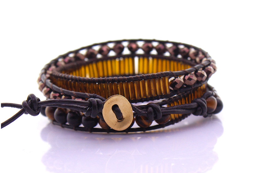 Tiger Eye & Crystal & Glass Tube Beads Leather 3 Wrap Bracelet