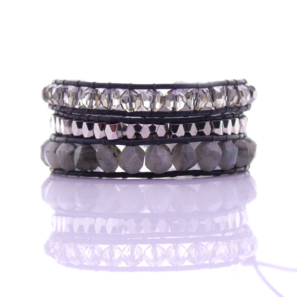 Labradorite Stone & Crystal & Alloy Beads Wax Rope 3 Wrap Bracelet