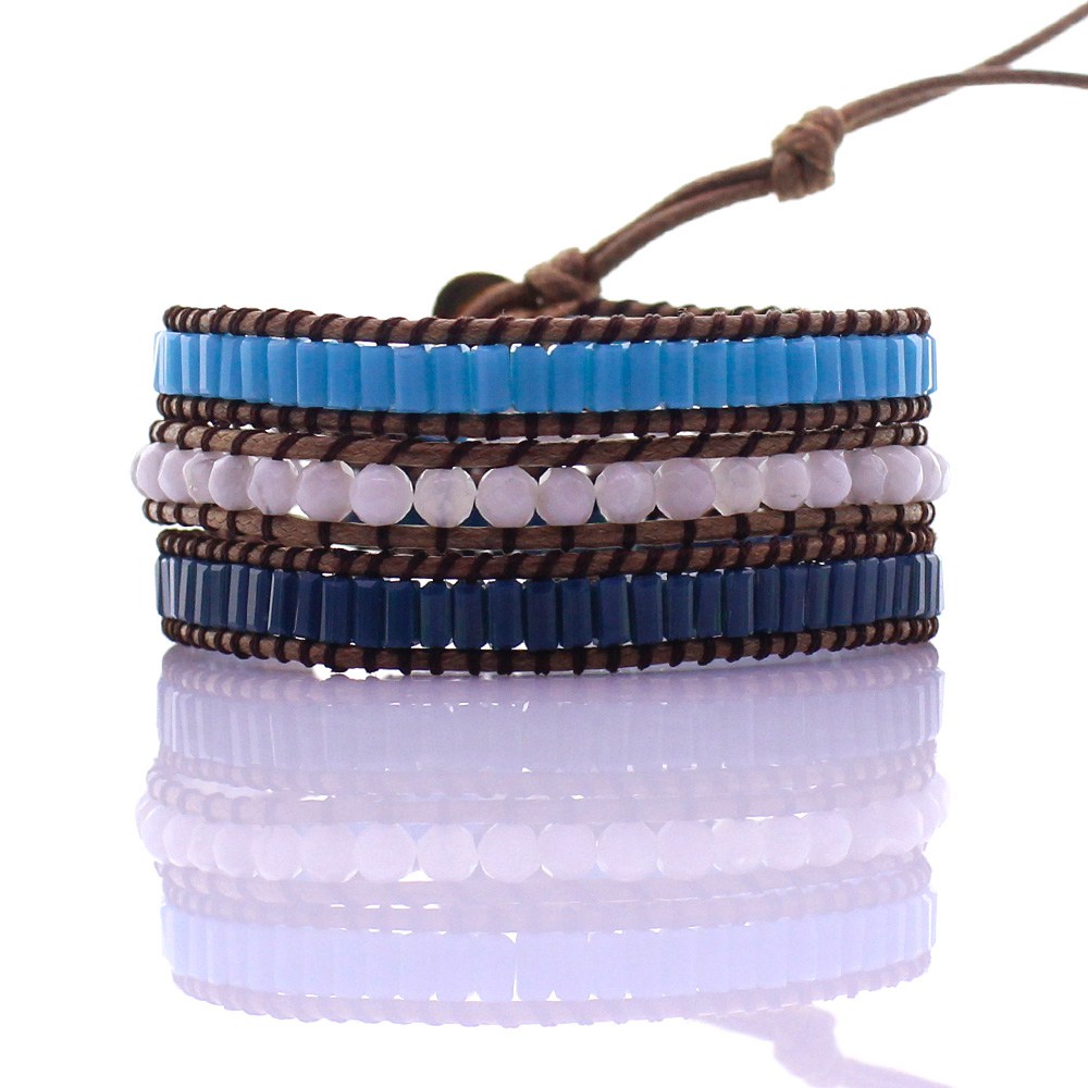 White Beads & Square Crystal Tube Beads 3 Wrap Bracelet