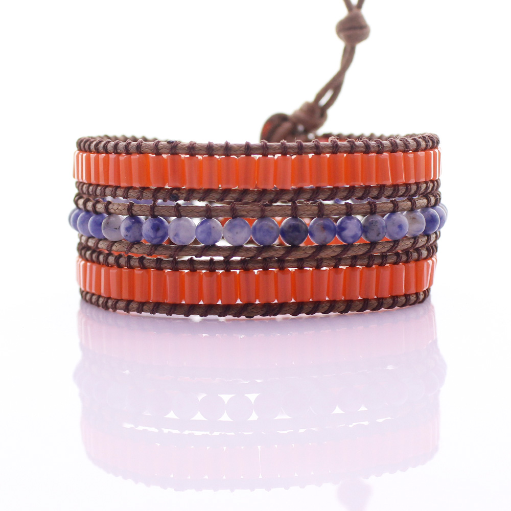 Handmade Sodalite & Glass Tube Beads 3 Wrap Bracelet