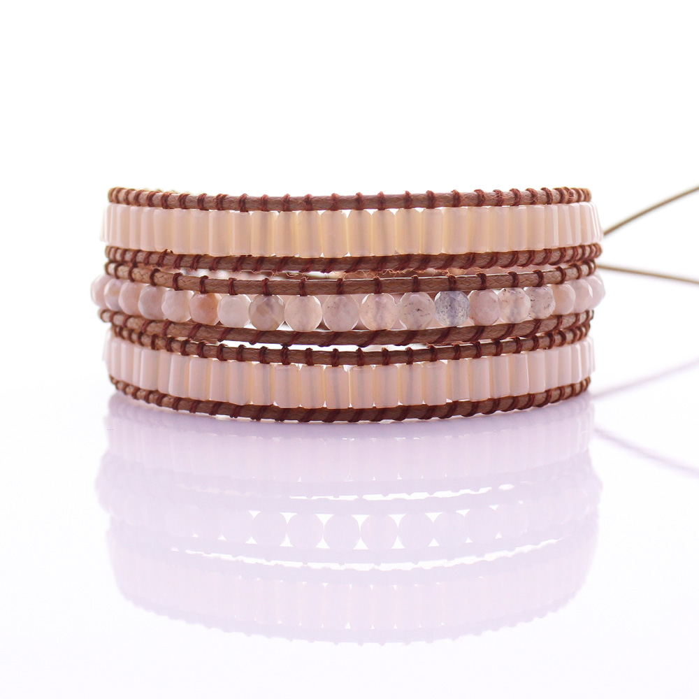 Handmade Crystal Tube Bead & Sunstone 3 Wrap Bracelet
