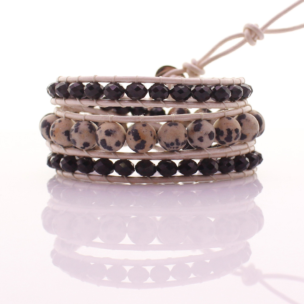 Dalmatian Jasper & Crystal Beads Leather 3 Wrap Bracelet