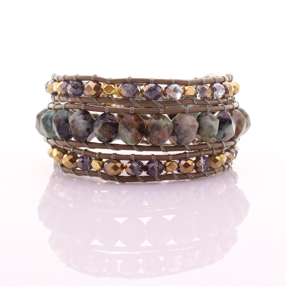 African Turquoise & Crystal Flat Beads Leather Beading Wrap Bracelet