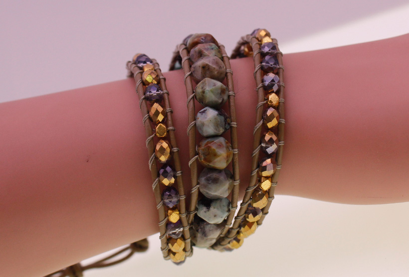 African Turquoise & Crystal Flat Beads Leather Beading Wrap Bracelet