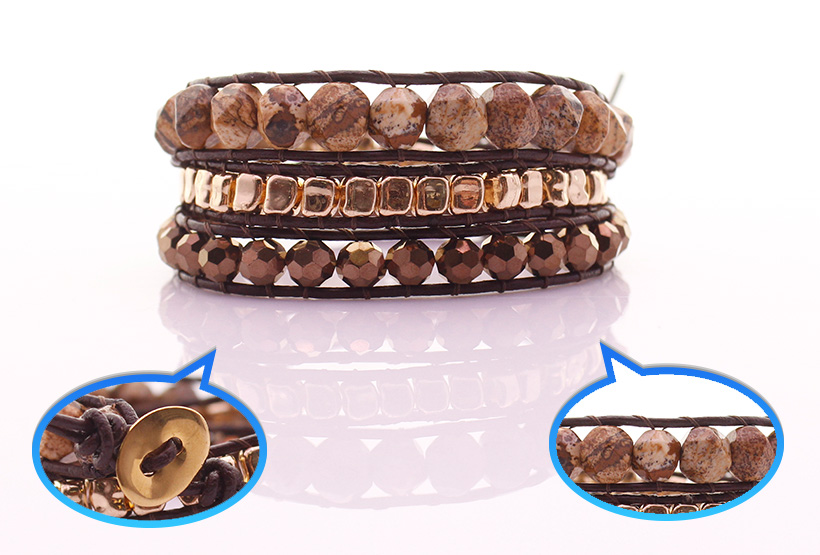 Picture Jasper & Crystal & Alloy Beads Leather Beading Wrap Bracelet