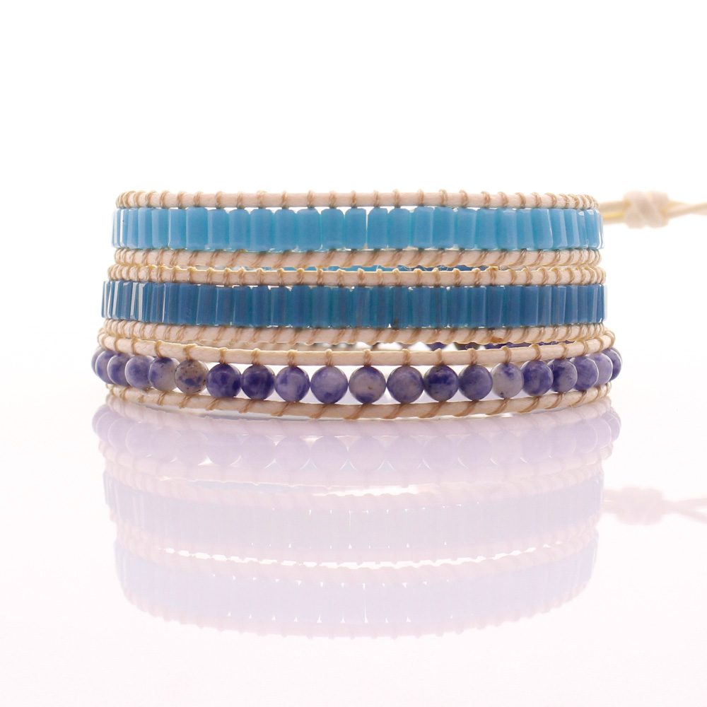 Sodalite & Square Crystal Beads Leather Beading Wrap Bracelet