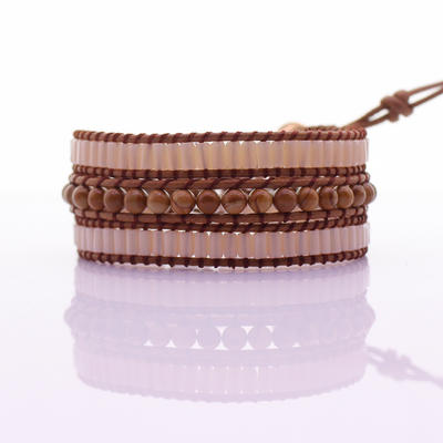 Handmade Square Crystal & Wooden Beads 3 Wrap Bracelet