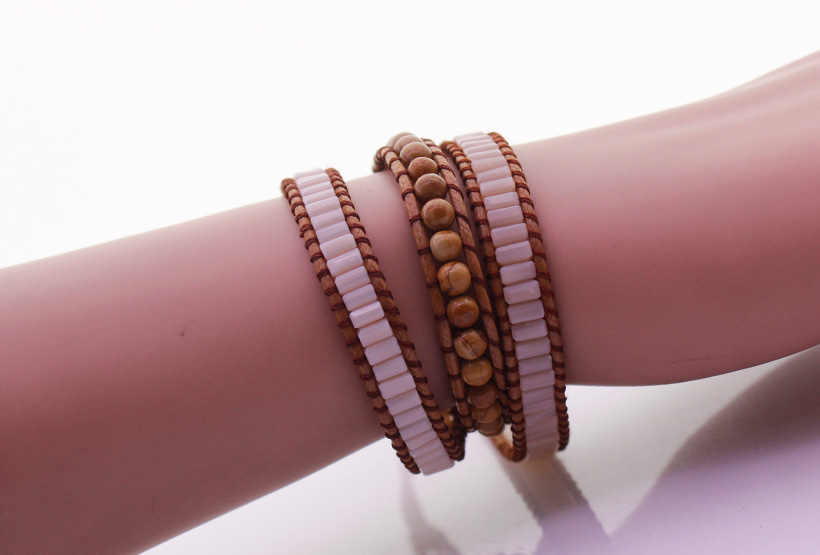 Handmade Square Crystal & Wooden Beads 3 Wrap Bracelet