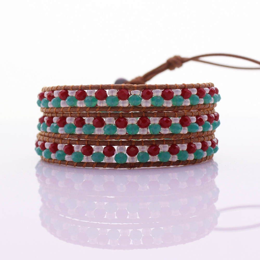 Crystal & Chinese Seed Beads Handmade Beading 3  Leather Wrap Bracelet