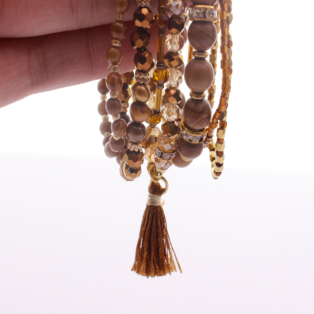 Wooden Stone Beads Crystal & Seed Bead Bracelet Set
