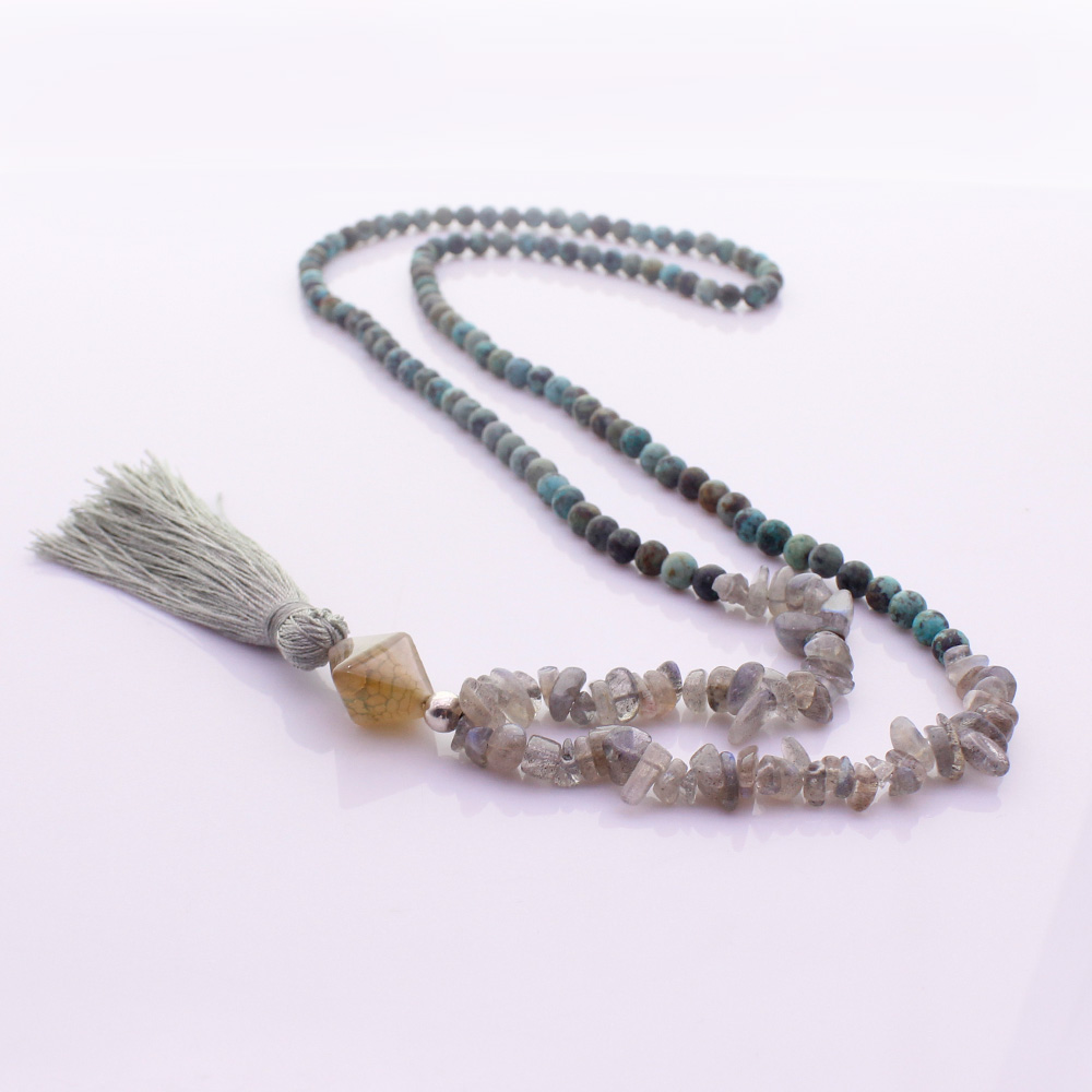 6mm African Turquoise Beads & Labradorite Chips Rhombus Stone Tassel Necklace