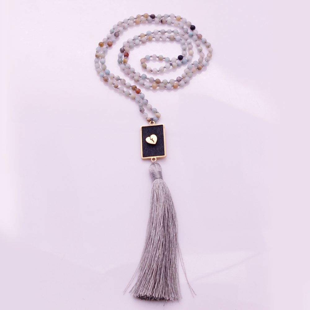4mm Amazonite Beads Horsehair Alloy Pendant Mala Yoga Necklace