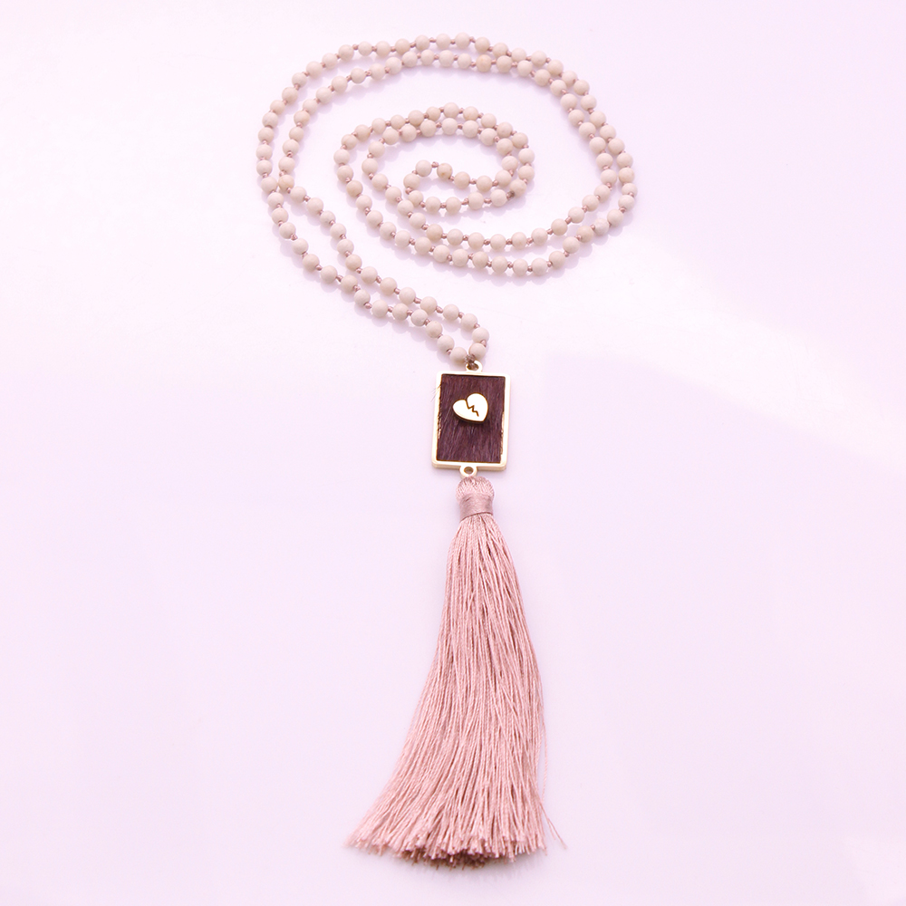 4mm Beige Fossil Beads Horsehair Alloy Pendant Mala Necklace