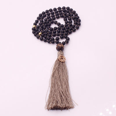 6mm Black Glass Beads Lotus Guru Bead Mala Yoga Necklace