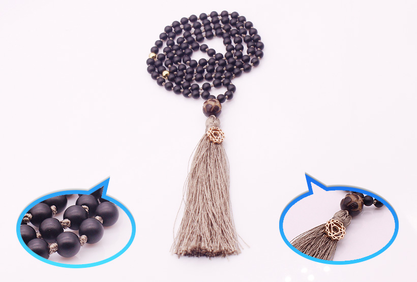 6mm Black Glass Beads Lotus Guru Bead Mala Yoga Necklace
